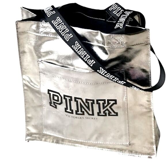 Pink Victoria Secret Silver Metallic Shoulder Tote Bag With Pink On Strap - Picture 1 of 6